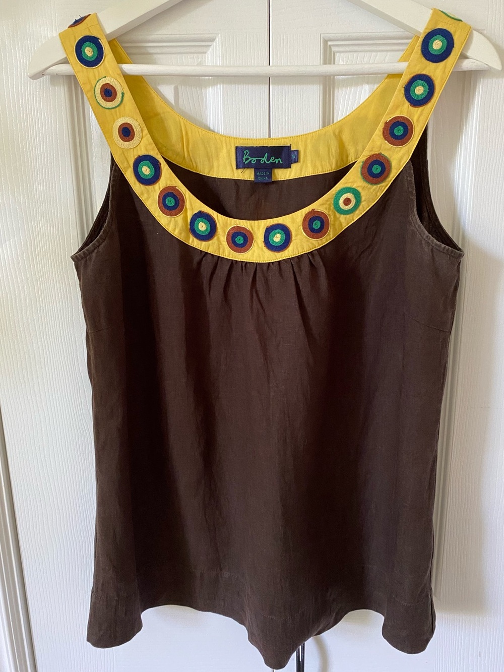 Boden 100% Linen Tank Retro Concentric Circles Embroidery Chocolate Brown Sz 12